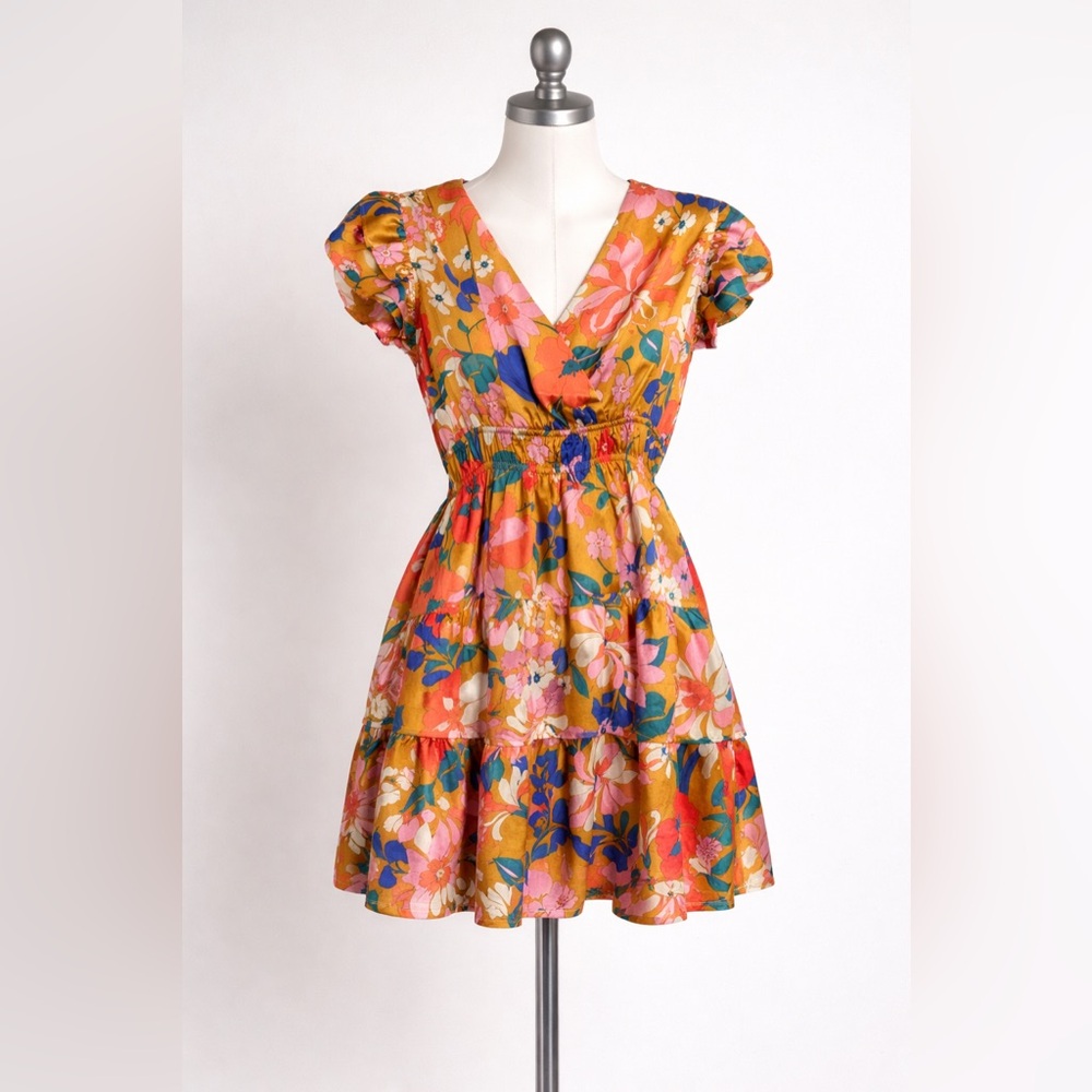 entro Floral Tiered Mini Dress in Orange with Pink & Blue Accents